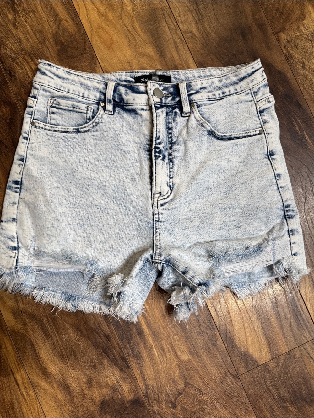 High-Rise Light Blue Acid-Wash Denim Shorts with Frayed Hem